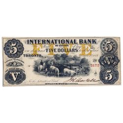 THE INTERNATIONAL BANK OF CANADA. $5.00. Sept. 15, 1858. CH-380-10-12-14. Signed J.H. Markell. Ochre