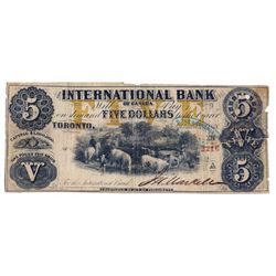 THE INTERNATIONAL BANK OF CANADA. $5.00. Sept. 15, 1858. CH-380-10-12-14. Signed J.H. Markell. Ochre