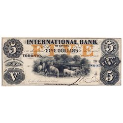 THE INTERNATIONAL BANK OF CANADA. $5.00. Sept. 15, 1858. CH-380-10-12-16b. Signed J.R. Fitch. Ochre 