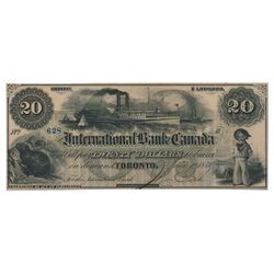 THE INTERNATIONAL BANK OF CANADA. $20.00. June 1, 1859. CH-380-12-04. Signed J.R. Fitch. Green ‘word