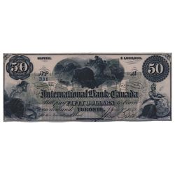 THE INTERNATIONAL BANK OF CANADA. $50.00. June 1, 1859. CH-380-12-06. Signed J.R. Fitch. Green ‘word