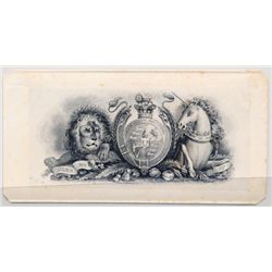 THE INTERNATIONAL BANK OF CANADA. Die Proof Vignette. ‘Royal Crest-Lion & Unicorn’. 2” x 4”. The vig