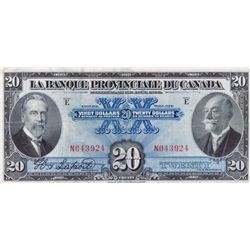 LA BANQUE PROVINCIALE DU CANADA. $20.00. 1 Aout, 1928. CH-615-14-18. No. N043924. PMG graded Very Fi