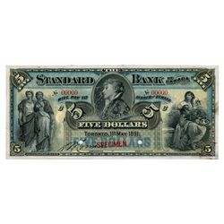 THE STANDARD BANK OF CANADA. $5.00. May 1, 1891. CH-695-14-02S. A Specimen. A choice example.