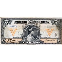 THE STANDARD BANK OF CANADA. $5.00. Jan. 2, 1914. CH-695-18-02. No. 055560/A. PMG Fine-15. Small int