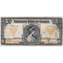 THE STANDARD BANK OF CANADA. $5.00. Jan. 2, 1919. CH-695-18-02. No. 501626/A. PMG graded Fine-12.