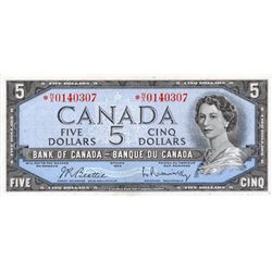 $5.00. 1954 Issue. BC-39bA. Beattie-Rasminsky. No. *N/X0140307. BCS graded Extra Fine-40.