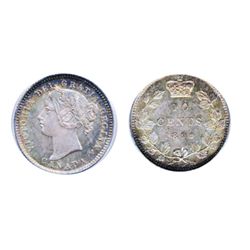 1899. Small 9’s. PCGS graded Mint State-66. A beautiful ten cents piece, with even multi-hued toning