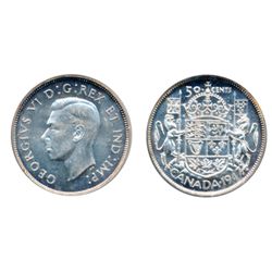 1947. Maple Leaf. Curved Left. PCGS graded Mint State-64. A brilliant coin, with the faintest hints 