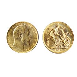 Sovereign. 1910-C. AU-55. Brilliant, lustrous yellow golden luster.