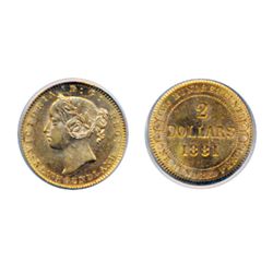 $2.00 Gold. 1881. PCGS graded AU-58. Brilliant, orange-gold luster.