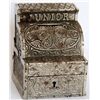 Image 1 : JUNIOR CASH. Cash Register shape. Coin opening on top. No handle or serial number. Key present. ‘Pat