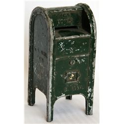 U.S. MAIL. BANK. Standing Mail Box shaped. Coin opening on top. No handle, key or serial number. Pat