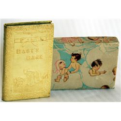 BABY’S BOX. A small size book bank. Opening on top. Key lock, key present. No serial number. 5 1/2cm