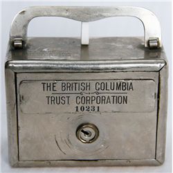 THE BRITISH COLUMBIA TRUST CORPORATION. A square satchel bank. Coin slot and banknote hole on right.