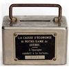 Image 1 : LA CAISSE D’ECONOMIE DE NOTRE-DAME DE QUEBEC. A small rectangular steel satchel bank with rounded ed