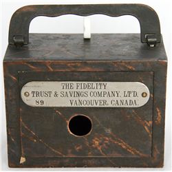 THE FIDELITY TRUST & SAVINGS COMPANY, LTD. VANCOUVER, CANADA. Steel satchel bank, with square corner