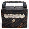 Image 1 : IOWA STATE SAVINGS BANK, BURLINGTON, IOWA. A steel satchel bank, with square corners. Coin slot at r