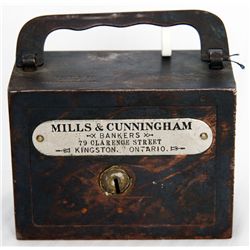 MILLS & CUNNINGHAM. BANKERS, 79 CLARENCE STREET, KINGSTON, ONTARIO. A steel satchel bank, with squar