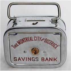 THE MONTREAL CITY AND DISTRICT SAVINGS BANK. A rectangular satchel bank, with rounded corners. Coin 