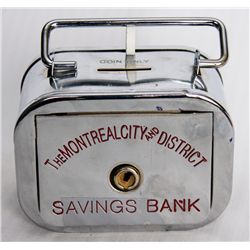 THE MONTREAL CITY AND DISTRICT SAVINGS BANK. A rectangular satchel bank, with rounded corners. Coin 