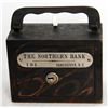Image 1 : THE NORTHERN BANK, VANCOUVER, B.C. A steel satchel bank, with square corners. Coin slot at right, wi