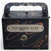 Image 1 : THE QUEBEC BANK. A rectangular steel satchel bank, with square corners. Coin slot on right side, wit