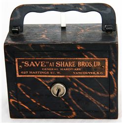 ”SAVE” AT SHARE BROS., LTD/GENERAL HARDWARE/627 HASTINGS ST. W/VANCOUVER, BC. A steel satchel bank, 