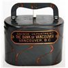 Image 1 : SAVINGS DEPARTMENT THE BANK OF VANCOUVER, VANCOUVER, B.C. An oval steel satchel bank. Coin slot on l