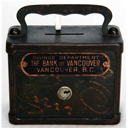 SAVINGS DEPARTMENT THE BANK OF VANCOUVER, VANCOUVER, BC. Rectangular steel satchel bank, with slight