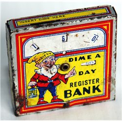 THRIFTY ‘DIME A DAY’. A Square Register Bank. Ten cent slot on top. No serial number. 6cm x 6cm x 1c