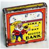 Image 1 : THRIFTY ‘DIME A DAY’. A Square Register Bank. Ten cent slot on top. No serial number. 6cm x 6cm x 1c