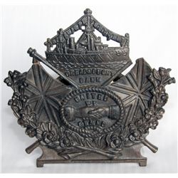 DREADNOUGHT BANK - UNITED WE STAND. Shape of a Ship sitting on a Coat of Arms. A Brass bank. Coin sl