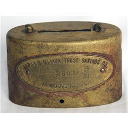 JAPAN & CANADA TRUST SAVINGS CO./VANCOUVER, BC. (and in Japanese). An oval Brass bank. Coin slot on 