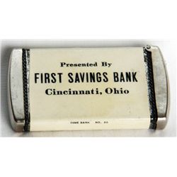 PRESENTED BY FIRST SAVINGS BANK/CINCINNATI, OHIO. ‘DIME BANK NO. 20. A small Pocket Bank. Coin openi