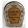 Image 1 : PEOPLES BANK, LUMBERTON, MISS. A Horse-Shoe shaped Pocket Bank. ‘Fortune favors the Thrifty. 25 Cent