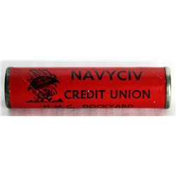 COIN TUBE. A Ten Cents coin tube. 8cm x 2cm. NAVY CIV CREDIT UNION, ESQUIMALT, BC. Red card tube. VF