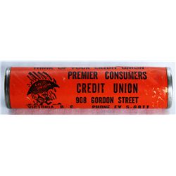 COIN TUBE. A Ten Cents coin tube. 8cm x 2cm. PREMIER CONSUMERS CREDIT UNION, VICTORIA, BC. Orange ca