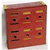 Image 1 : HOME BUDGET BANK. Rectangular shape. 15cm x 15cm x 5cm in height. Red metal. Six slots on top. VG.