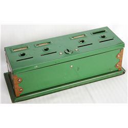 HOME BUDGET BANK. Rectangular shape. 9cm x 24cm x 8cm in height. Green metal. Four slots on top. Mak