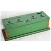 Image 1 : HOME BUDGET BANK. Rectangular shape. 9cm x 24cm x 8cm in height. Green metal. Four slots on top. Mak