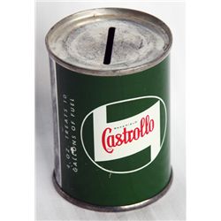 CASTROLLO MOTOR OIL. A small can shaped bank, with the coin slot on top. 5cm in diameter, 7cm in hei