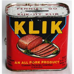 KLIK, AN ALL PORK PRODUCT. A medium size rectangular shaped can, with the appearance of a can of lun