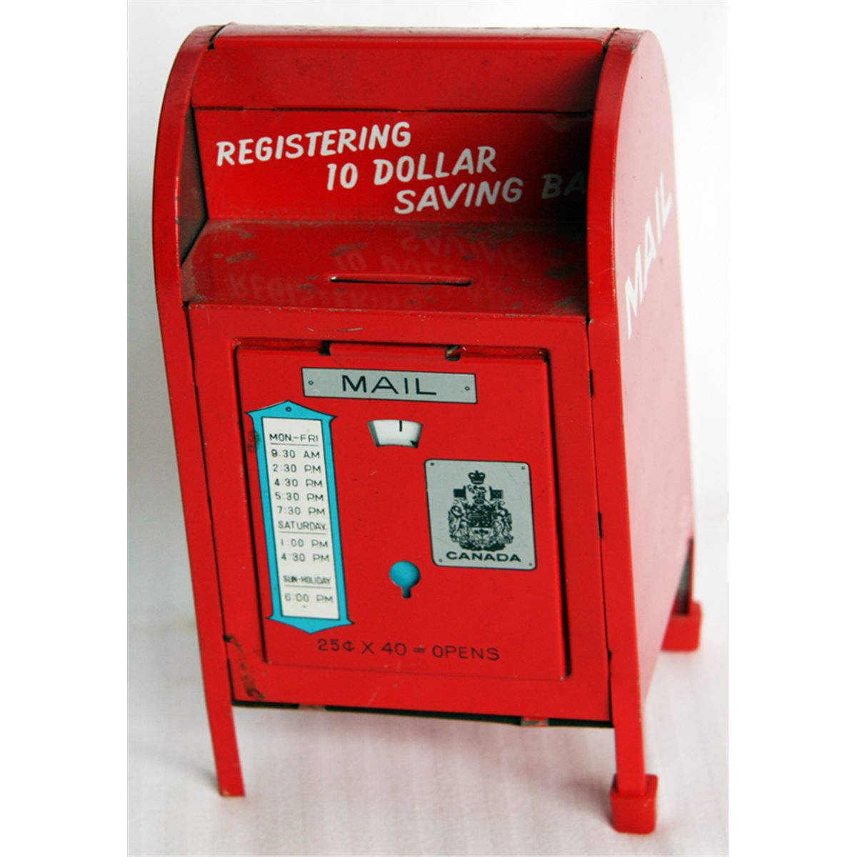 Coin Post Box A TOY MAIL BOX BANK. CANADA MAIL. REGISTERING $10.00 SAVINGS BANK. Mail ...