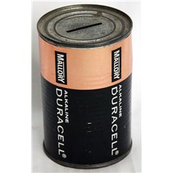 MALLORY DURACELL ALKALINE. A can shaped bank, with a coin slot on top. 7cm in diameter. 12cm in heig