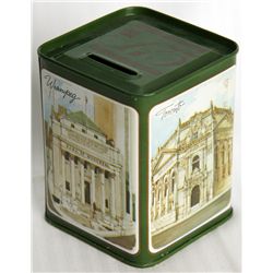 A medium size rectangular shaped can. Coin slot on top. 8cm x 8cm x 10cm. Green and white. EF.