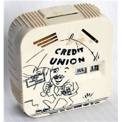 CREDIT UNION-A COIN CALLEDAR BANK. A rectangular Coin Calendar bank. Coin slots on top and front for