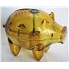 Image 1 : HELLINGFORS SPARBANK. Piggy bank shaped. Coin slot on top. 3cm x 9cm x 7cm. Clear plastic, yellow ti