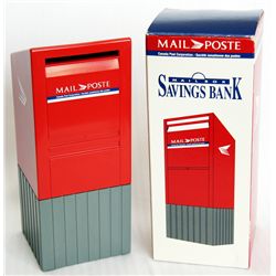 MAIL/POSTE. A Mail Box shaped bank. Coin slot in front of mail box. 9cm x 9cm x 21cm. Red and Gray p