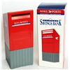 Image 1 : MAIL/POSTE. A Mail Box shaped bank. Coin slot in front of mail box. 9cm x 9cm x 21cm. Red and Gray p
